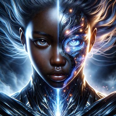 The primary subject of the image is a woman with a mix of human and robotic features. She has a human face with a black complexion, but her body is adorned with robotic elements. The setting is a futuristic environment, with the woman standing in front of a backdrop of a cityscape. The visual style is a combination of digital art and illustration, creating a unique and intriguing image. The colors and mood of the image are predominantly dark, with a touch of blue, giving